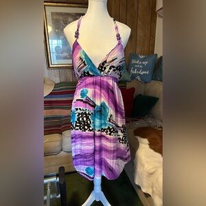Purple and Blue Sleeveless Plunge Sundress Mini, XL